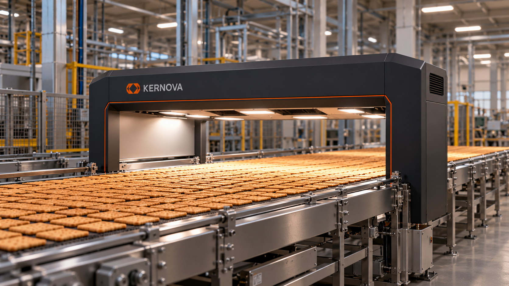 Equipamento Kernova instalado sobre a esteira de Cream Cracker, em perspectiva